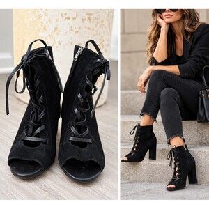 Sam Edelman Black Suede Lace Up Peep Toe Block Heel Booties 8.5 Side Zip